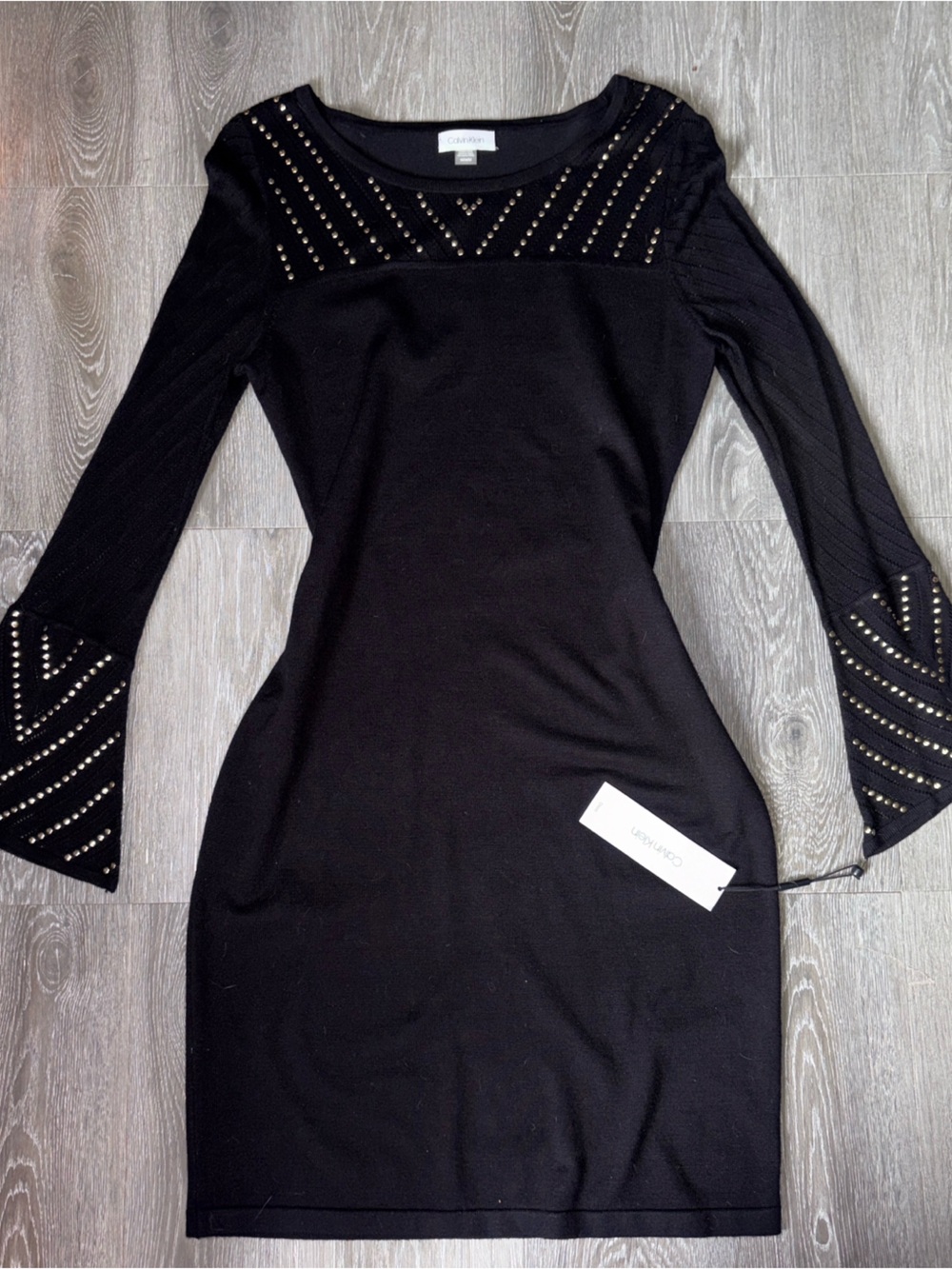 NWT Calvin Klein Black Studded bell sleeve dress